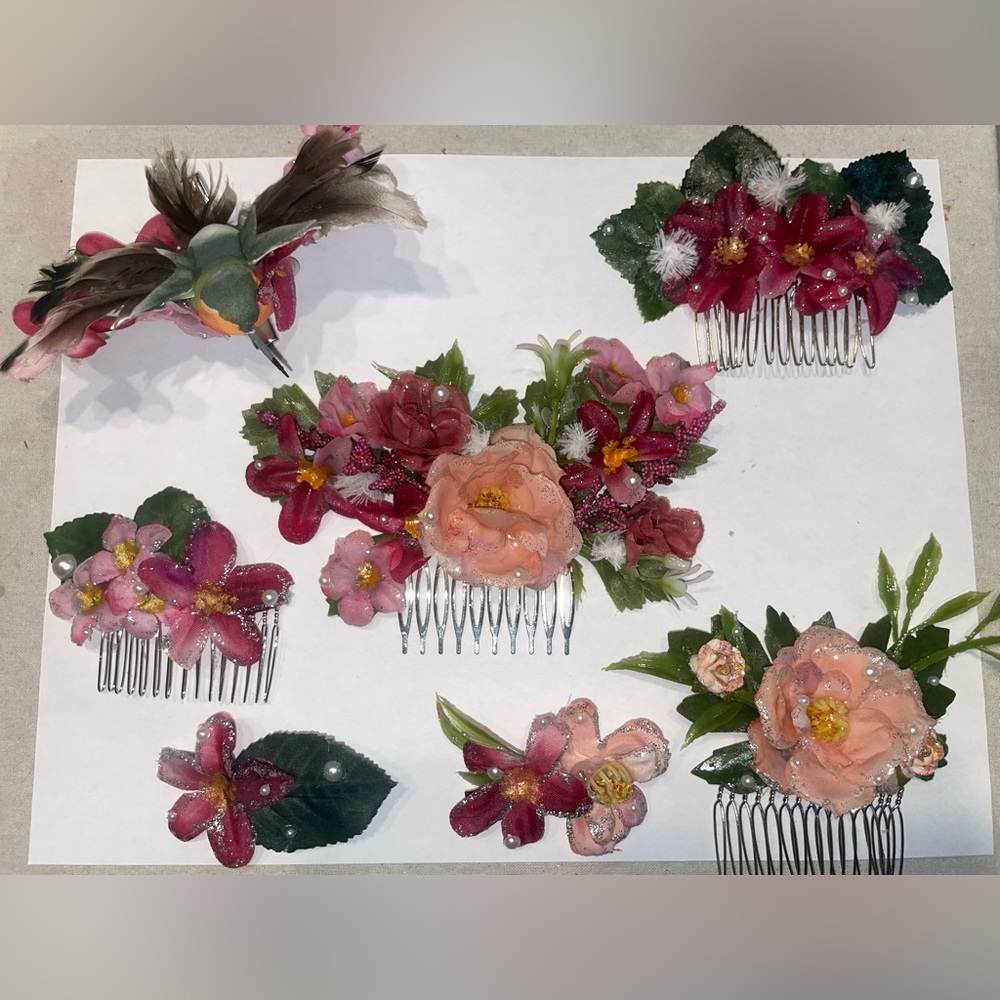 Handmade Floral Hair set of 7- Pink and Green